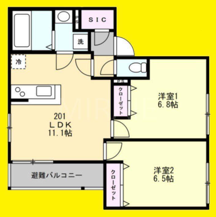 コスモリーヴ茅ヶ崎(2LDK/2階)の間取り写真