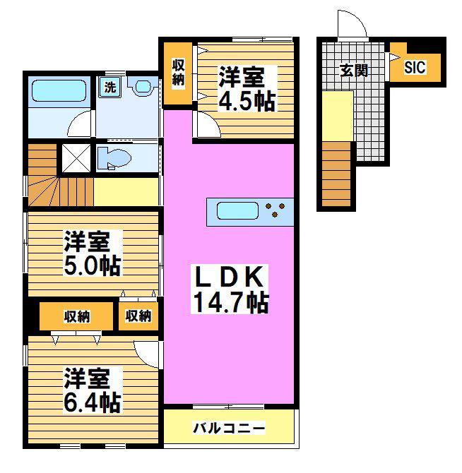 トライデント3/28入居可能(3LDK/2階)の間取り写真