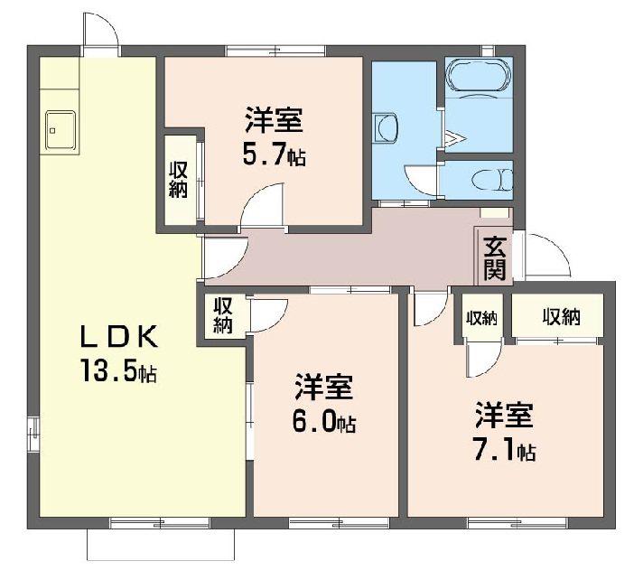 リブウェル六高D棟(3LDK/1階)の間取り写真