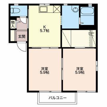 サンシャインヒルズ(2K/2階)の間取り写真