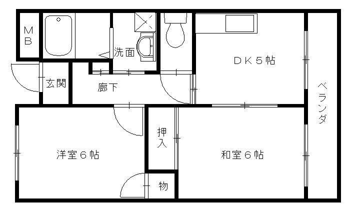 近鉄大阪線 高安駅 徒歩15分 5階建 築36年(2DK/3階)の間取り写真
