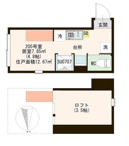 ハーモニーテラス高砂IV(ワンルーム/2階)の間取り写真