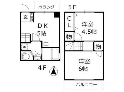 ハイグラウンビル(2DK/4階)の間取り写真