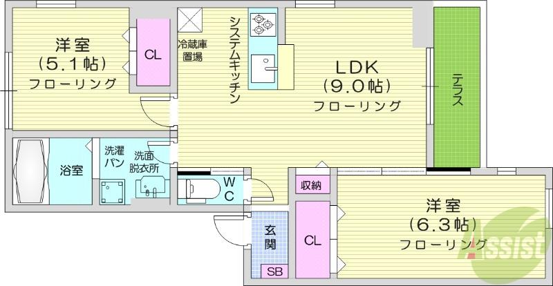 ルリアン小田原(2LDK/1階)の間取り写真