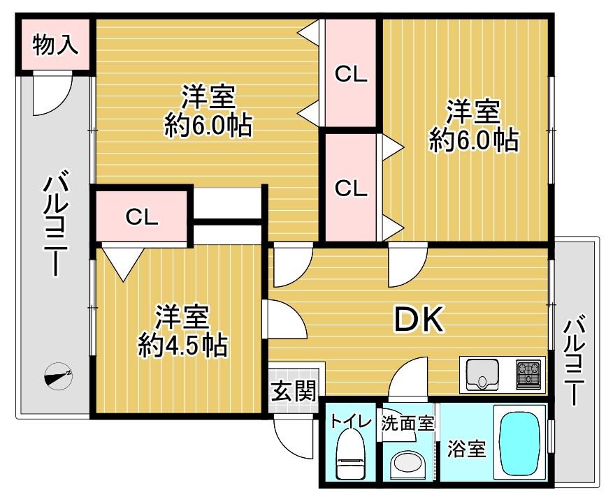 平尾64号棟(3DK/5階)の間取り写真