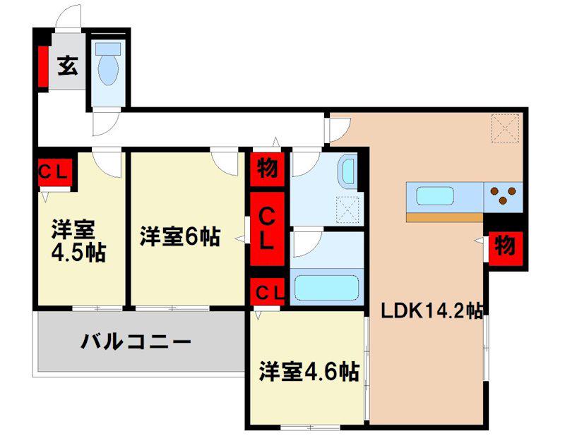 トリシア 東大利(3LDK/3階)の間取り写真