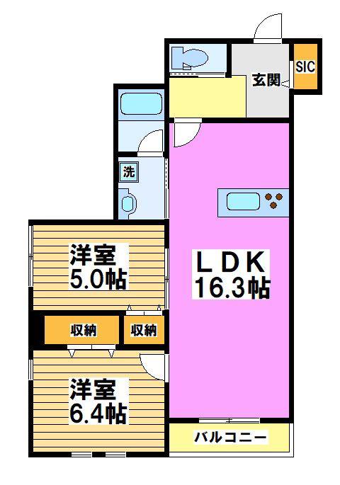 トライデント3/28入居可能(2LDK/1階)の間取り写真