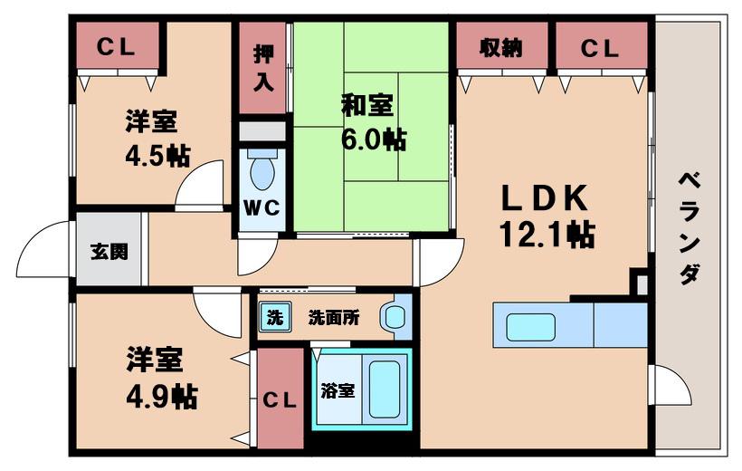 コーシャハイツ相生2号棟(3LDK/3階)の間取り写真