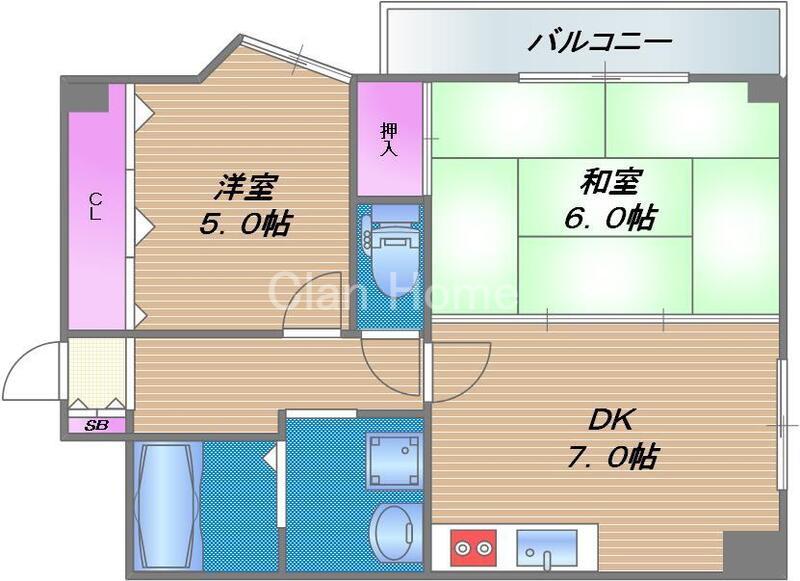 サニーパレス山口(2DK/6階)の間取り写真