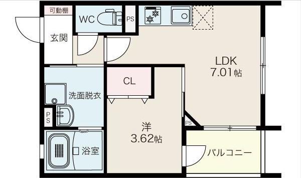 プライムシールド二ツ橋(1LDK/1階)の間取り写真