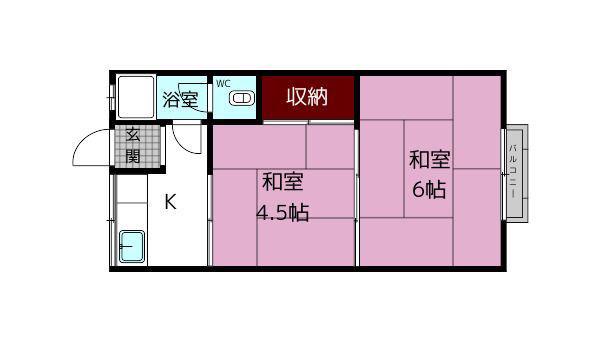 近鉄奈良線 富雄駅 徒歩14分 2階建 築58年(2DK/2階)の間取り写真
