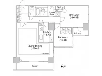 河田町ガーデン クラブフロア(2LDK/37階)の間取り写真