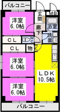 コムフォート原III(2LDK/5階)の間取り写真