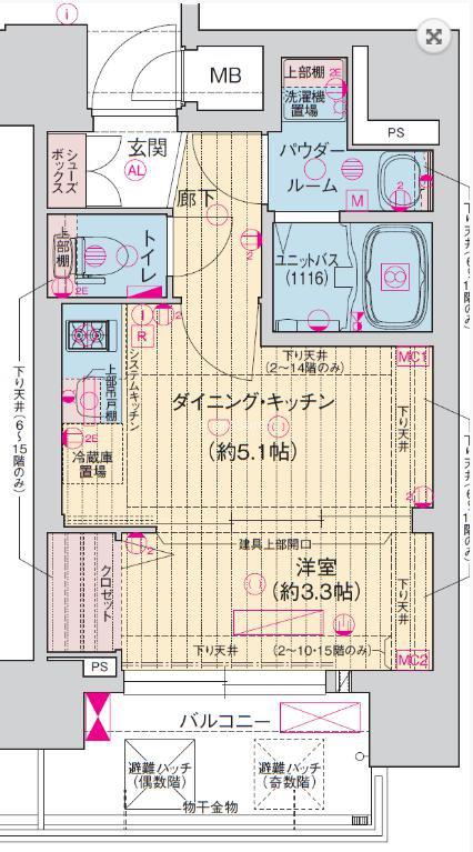 ソルテラス阿波座ウィズ(1DK/13階)の間取り写真