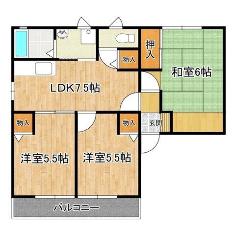 グランドゥールB棟(3DK/2階)の間取り写真