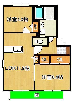 ディアス茶屋の原 B棟(2LDK/1階)の間取り写真