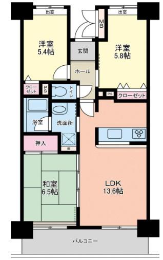 ルワージュ八幡駅前1(3LDK/14階)の間取り写真