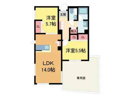 フォレナ神戸住吉(2LDK/1階)の間取り写真