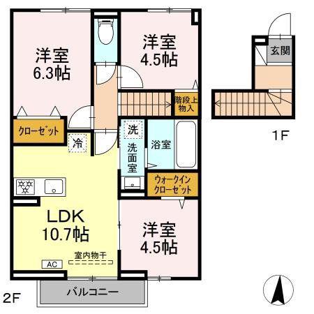 フェリーチェ B棟(3LDK/2階)の間取り写真