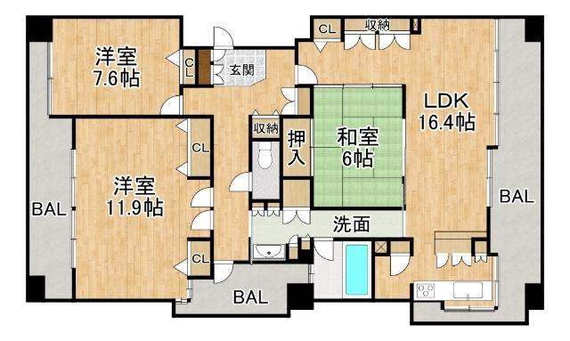 パシフィック西6条プライム(3LDK/3階)の間取り写真
