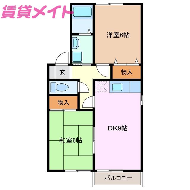 プリムローズ A棟(2DK/2階)の間取り写真