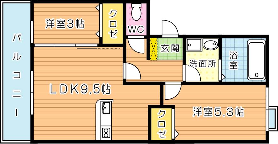あぅん霧ヶ丘(2LDK/2階)の間取り写真