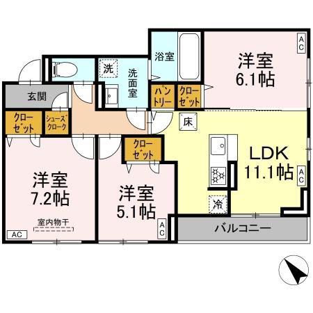 D-ROOM都賀2丁目IIーA棟(3LDK/1階)の間取り写真