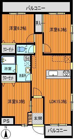 サザンバード(3LDK/3階)の間取り写真