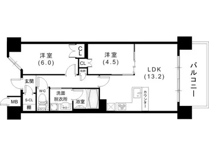 ワコーレシティ神戸元町(2LDK/6階)の間取り写真
