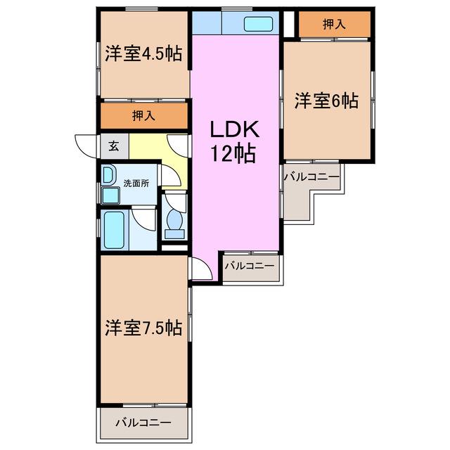 ロアール赤池(3LDK/3階)の間取り写真