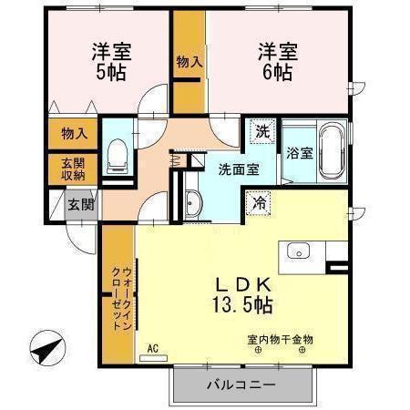 イーストヒルズ高松C(2LDK/2階)の間取り写真