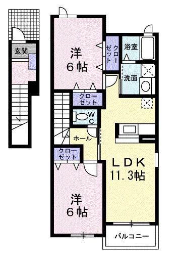 ヒルズ長坂上Ⅰ(2LDK/2階)の間取り写真