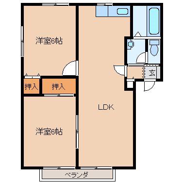ハイラーク甘木D棟(2LDK/1階)の間取り写真