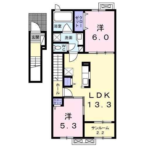 ヴァールハイト シャッツ B(2LDK/2階)の間取り写真