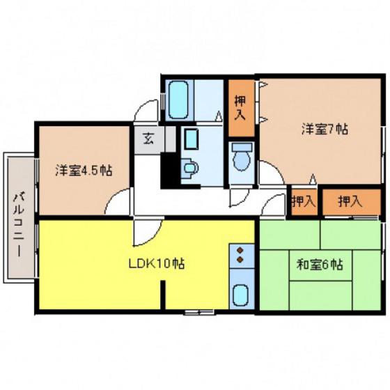 サンヒルズオキノハラB棟(3LDK/1階)の間取り写真
