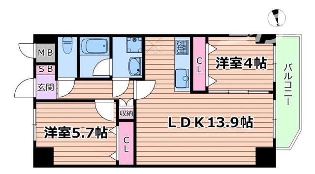 グリュックメゾンF豊中XV(2LDK/6階)の間取り写真