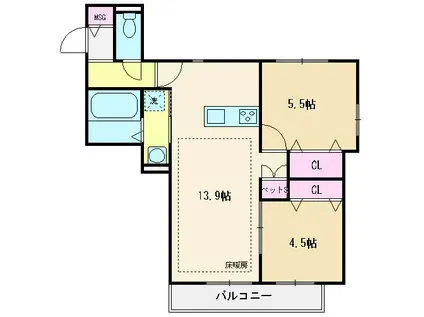 グリーンリーブズ稲荷山(2LDK/2階)の間取り写真