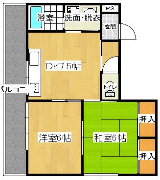 日宝ポニクレール宇品(2DK/4階)の間取り写真