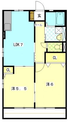 ショコラC(2DK/1階)の間取り写真
