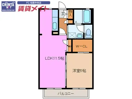 コーポフレグランス F棟(1LDK/1階)の間取り写真