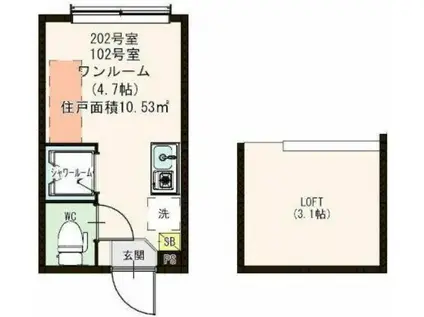 ハーモニーテラス・オリナスKSG(ワンルーム/2階)の間取り写真
