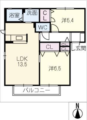 ヴィラガーデン A(2LDK/2階)の間取り写真
