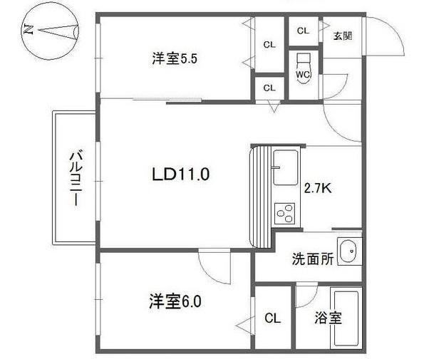 PUDEL NOAH 学園前(2LDK/2階)の間取り写真