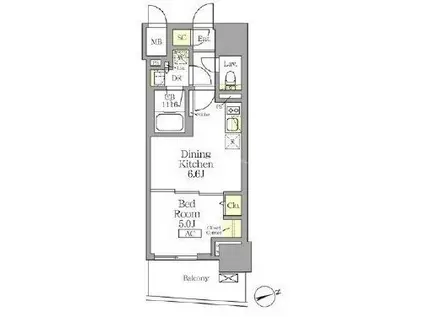 テラス北千住(1DK/6階)の間取り写真