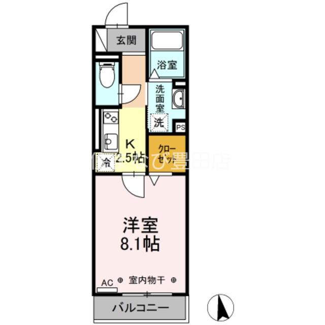 GRAND D-ROOM月見(1K/2階)の間取り写真