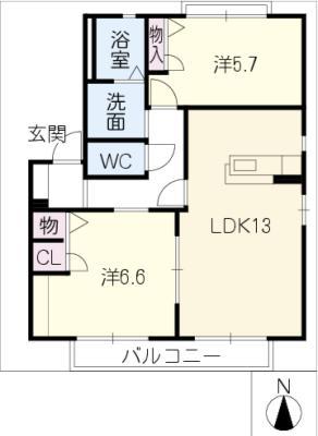 ヴェルドミール B棟(2LDK/2階)の間取り写真
