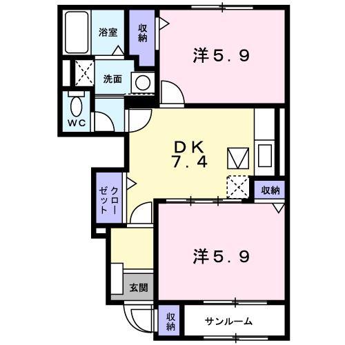 アルモニーハイツII(2DK/1階)の間取り写真