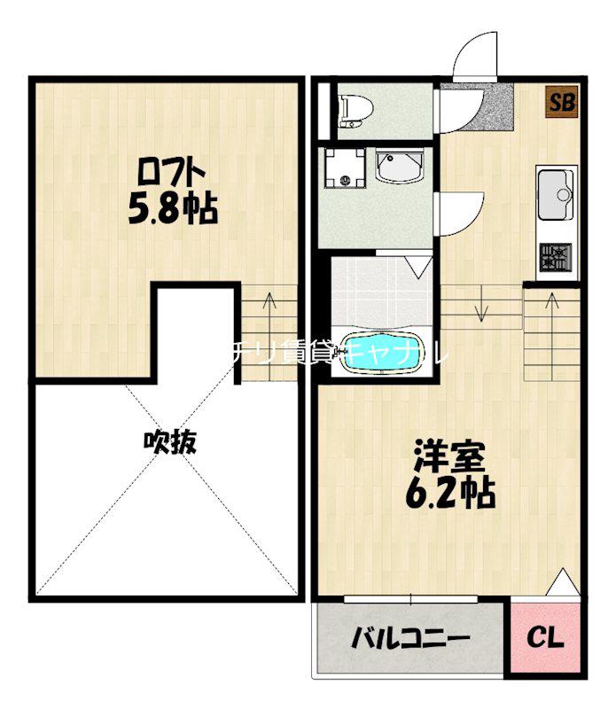 ハーモニーテラス別府(1K/2階)の間取り写真