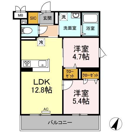 グランジュール大手町(2LDK/3階)の間取り写真
