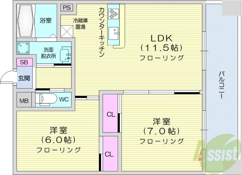 リビングステージ木町通(2LDK/12階)の間取り写真